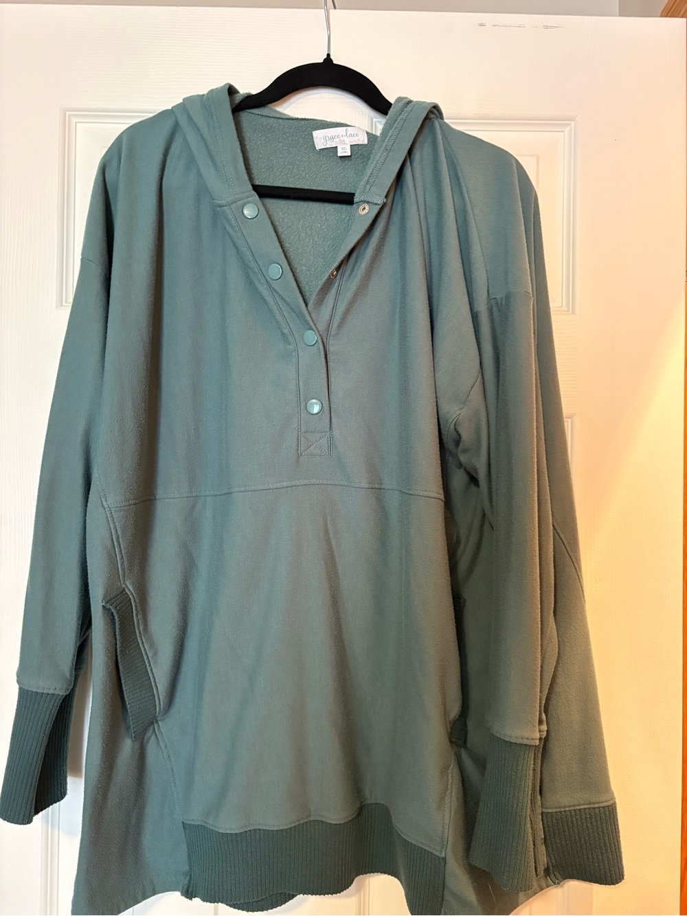 Grace & Lace Sage Green Hooded Snap Henley Sweater